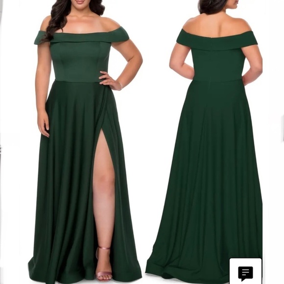 La Femme Off The Shoulder Jersey Fit & Flare Gown Green Dress Size 16 Formal - Picture 2 of 11